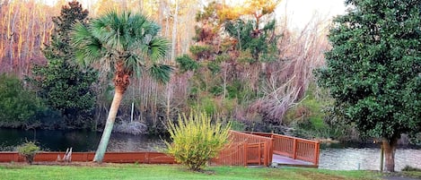 A wooden bridge over a calm river, surrounded by lush greenery and trees.