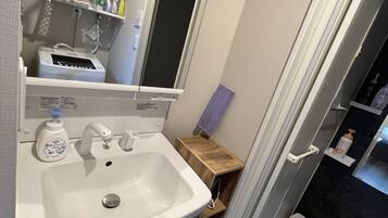 Combined shower/tub, hair dryer, bidet, towels