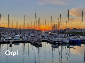 Un puerto deportivo con numerosas embarcaciones amarradas al atardecer.