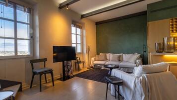 Smart TV, fireplace, books, printers