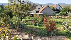 Un paysage rural avec deux maisons blanches, un chemin de pierre et une variété de plantes.