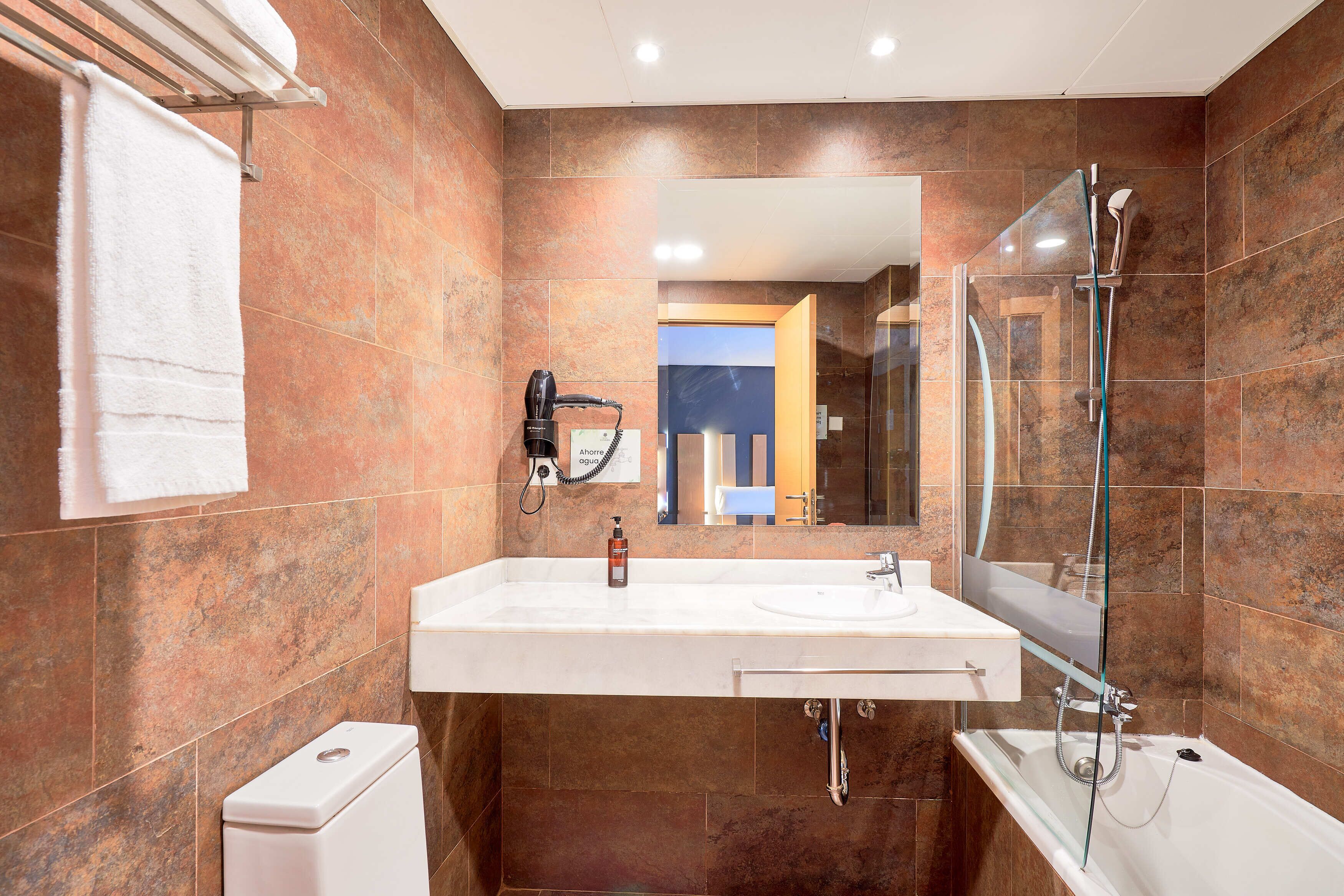 A modern bathroom with a large sink, a glass shower enclosure, and a toilet.