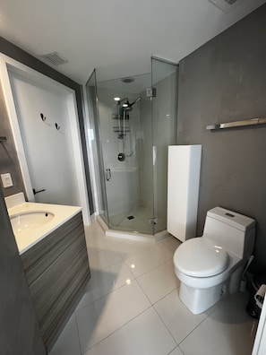 Douche, séchoir à cheveux, serviettes fournies, savon