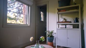 Quarto com uma janela grande, uma planta em vaso, um vaso com flores, uma estante com livros e toalhas, e um armário.