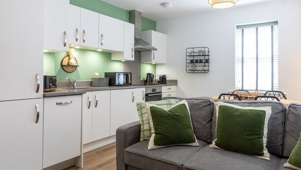 A compact living space with a kitchenette, a grey sofa with green cushions, and a dining area with wicker chairs. - Courtyard View (Southampton)