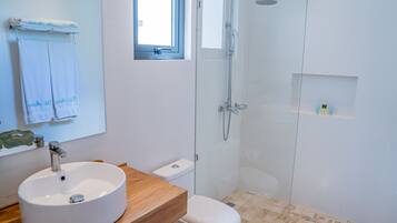 A modern bathroom with a white sink, a toilet, and a glass-enclosed shower.