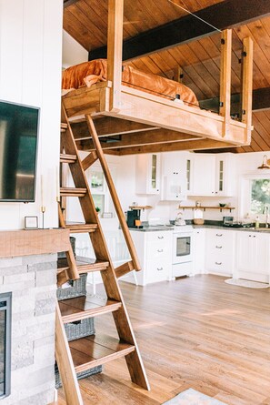 Älytelevisio, takka, DVD-soitin, kirjoja