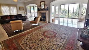 A spacious living room with a large rug, a sofa, a chair, and a fireplace. - Palace of Dreams, Ultra-Modern Spanish Estate, Spectacular Views.  Hot Springs. (San Antonio)
