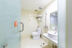 A modern bathroom with a glass shower enclosure, a white toilet, and a sink with a mirror.