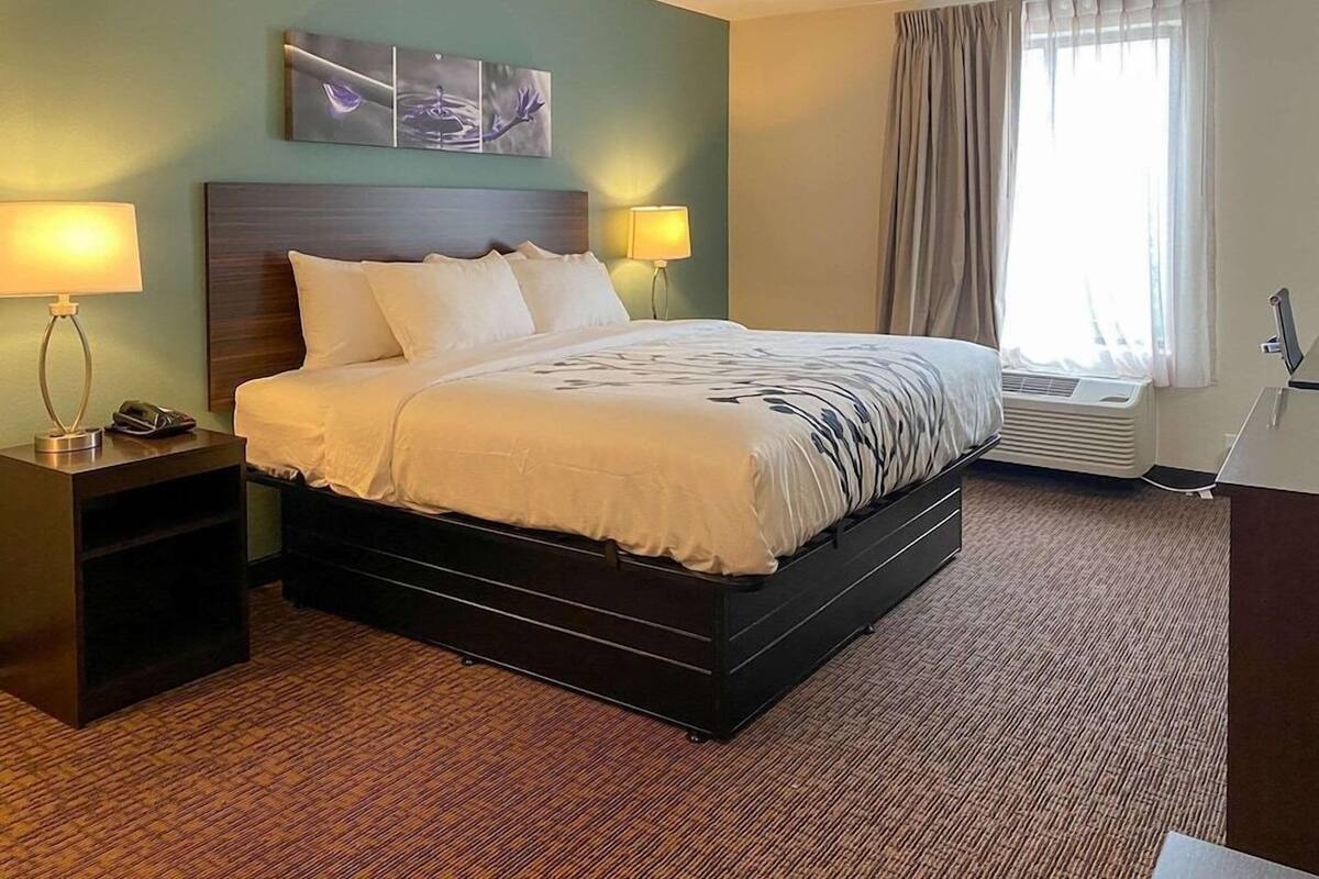 A hotel room with a bed, bedside lamps, a nightstand, a wall-mounted artwork, a window with curtains, and an air conditioning unit.