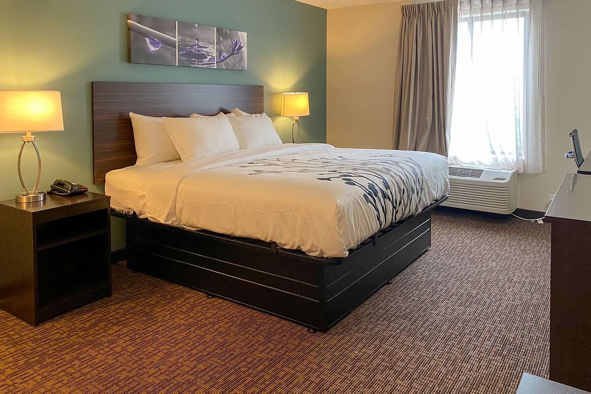 A hotel room with a large bed, two bedside lamps, a nightstand, a wall-mounted artwork, and a window with curtains.