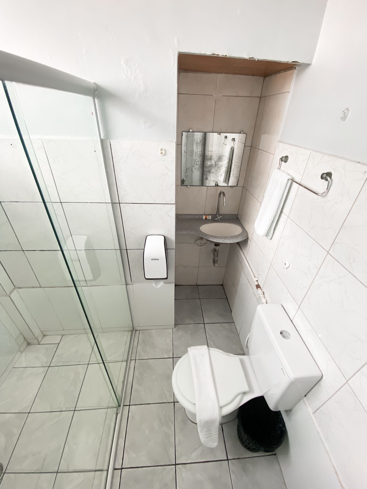 A bathroom with a glass shower enclosure, a toilet, a sink, and a mirror.
