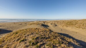 Una playa con dunas y cielo despejado.