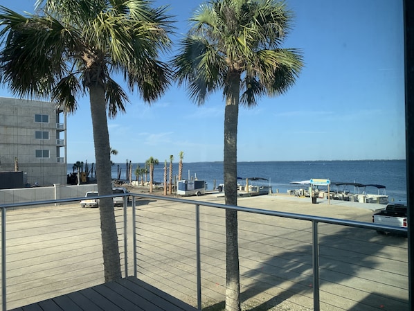 A balcony with a view of the sea, palm trees, and a parking area with boats. - Reel Em Inn Bay Front House With boat ramp (port saint joe/simmons bayou)