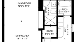 Een plattegrond van een huis met een zithoek, slaapkamer, woonkamer, eetgedeelte, keuken, hoofdslaapkamer en twee badkamers.