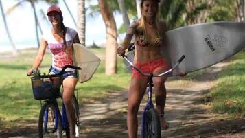 Two people riding bicycles on a path with palm trees in the background.