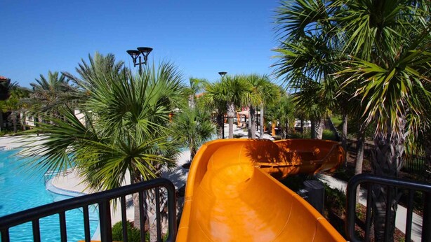 A water slide at a resort with a pool and palm trees. - 7163 Solterra (Davenport)