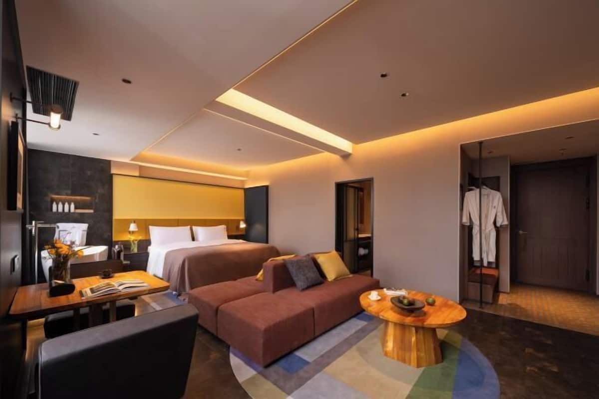 Een moderne hotelkamer met een bed, bank, eettafel en een kledingkast voor jassen.
