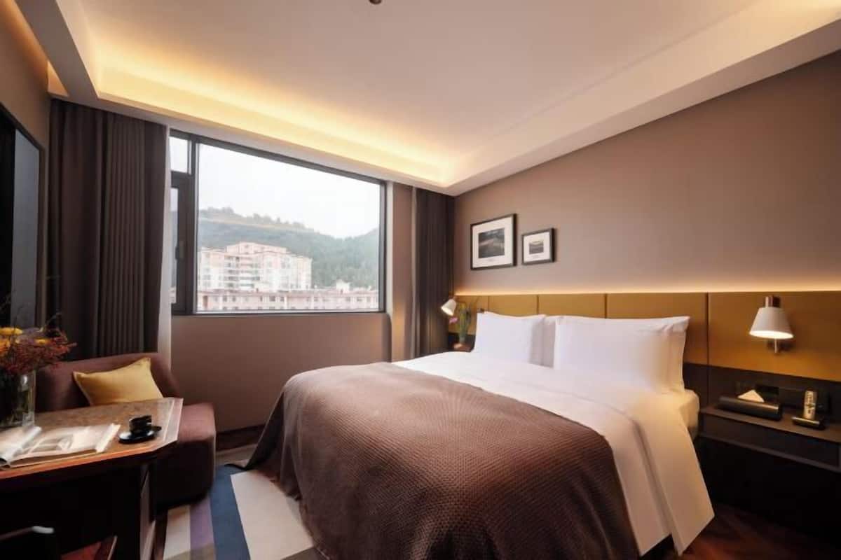 Een hotelkamer met een groot bed, een bureau met stoel, een nachtkastje en een raam met uitzicht op gebouwen en heuvels.