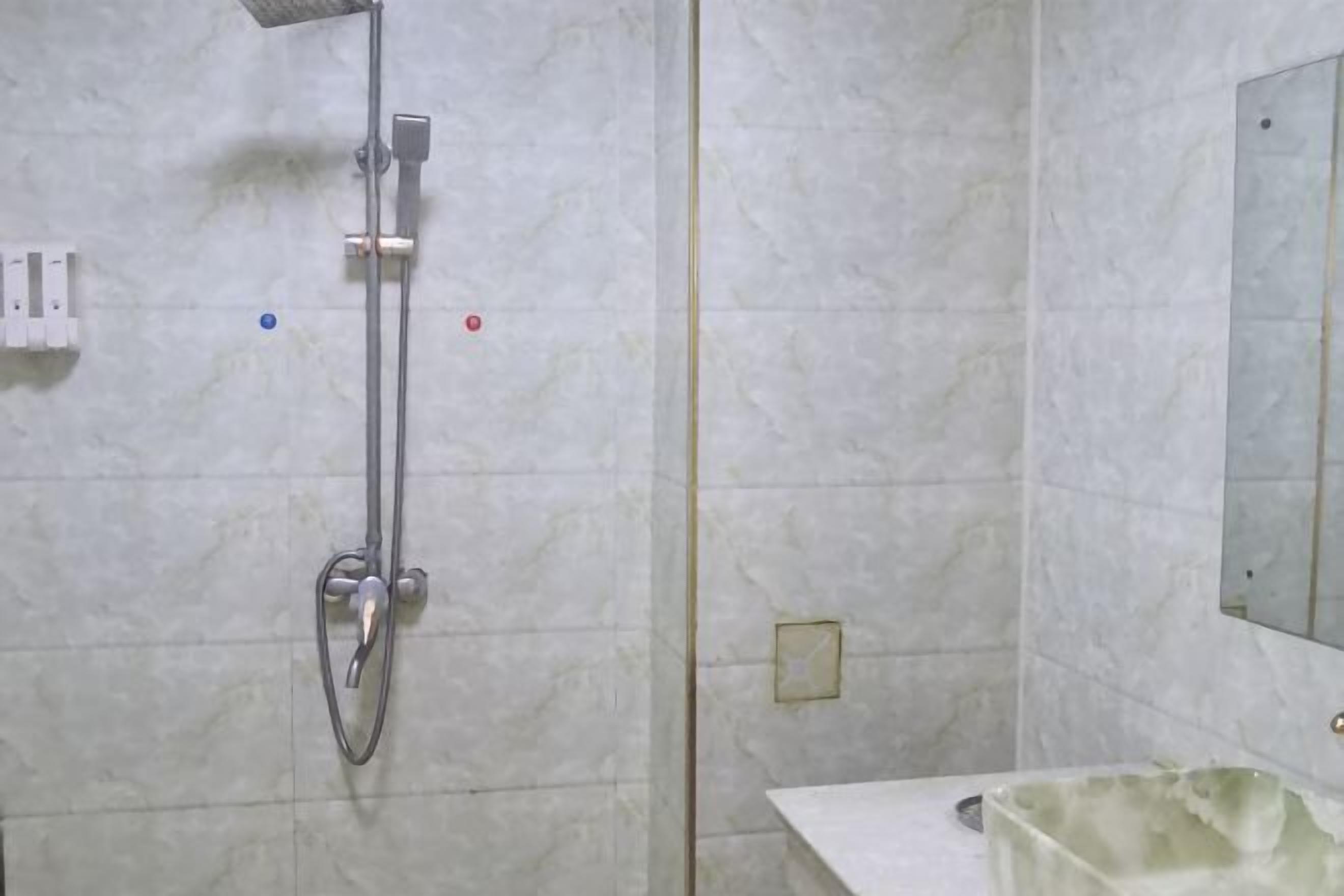 A bathroom with a shower, a sink, and a mirror.