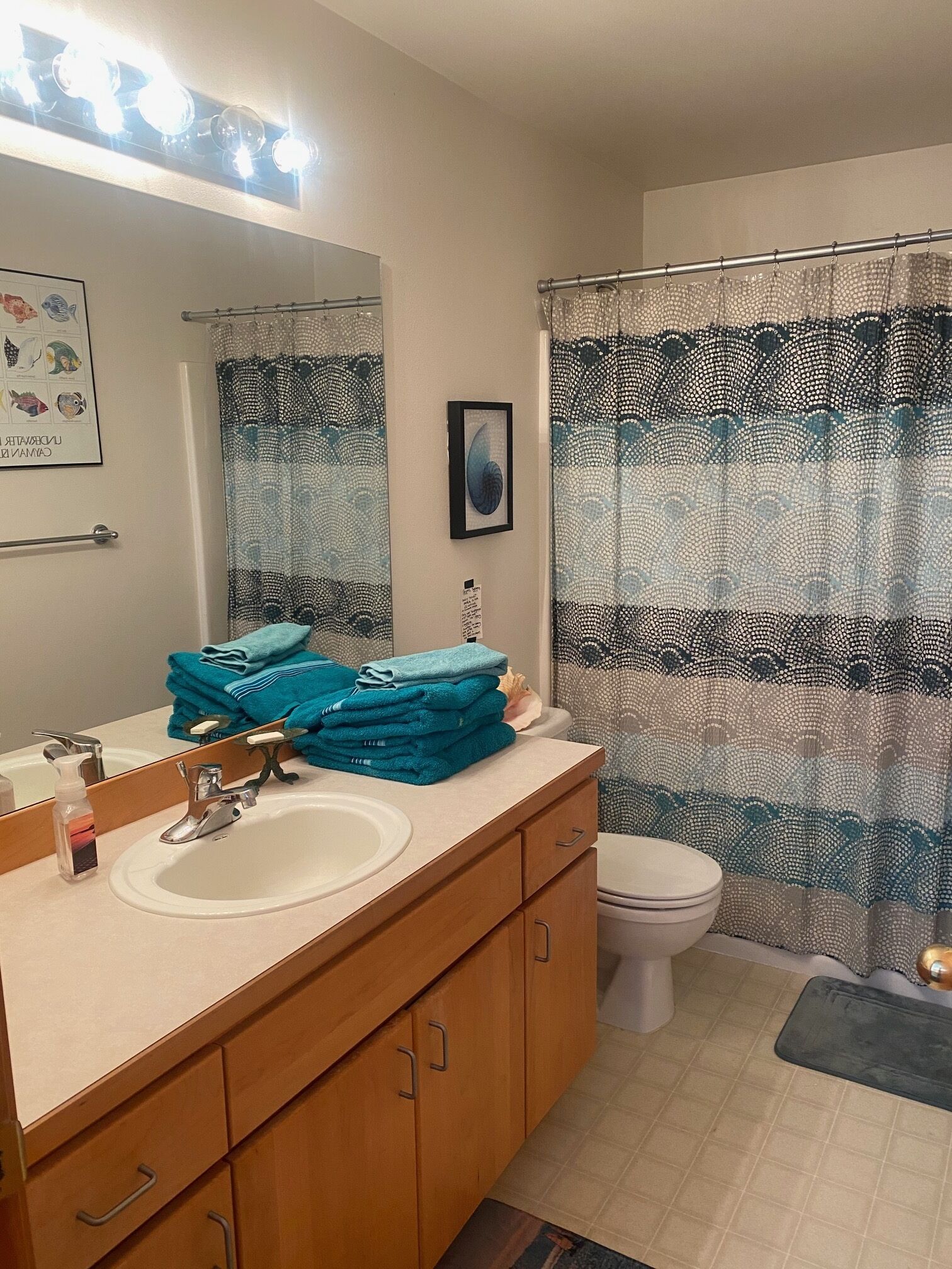 Une salle de bain avec un lavabo, un miroir et des toilettes. On y trouve un porte-serviettes avec des serviettes pliées, un tableau encadré au mur et un rideau de douche à motifs.