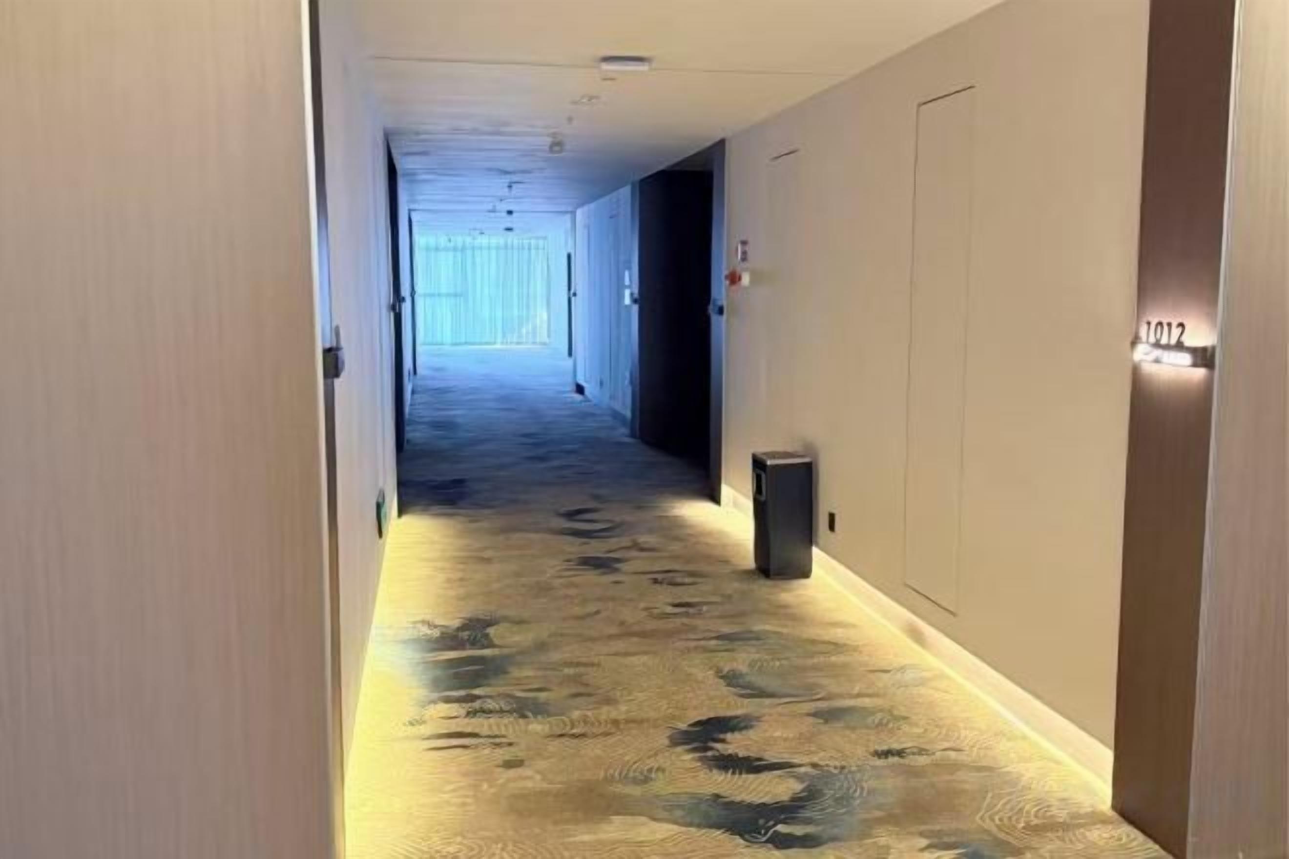 A hotel corridor with a carpeted floor, a trash bin, and a door with a number sign.