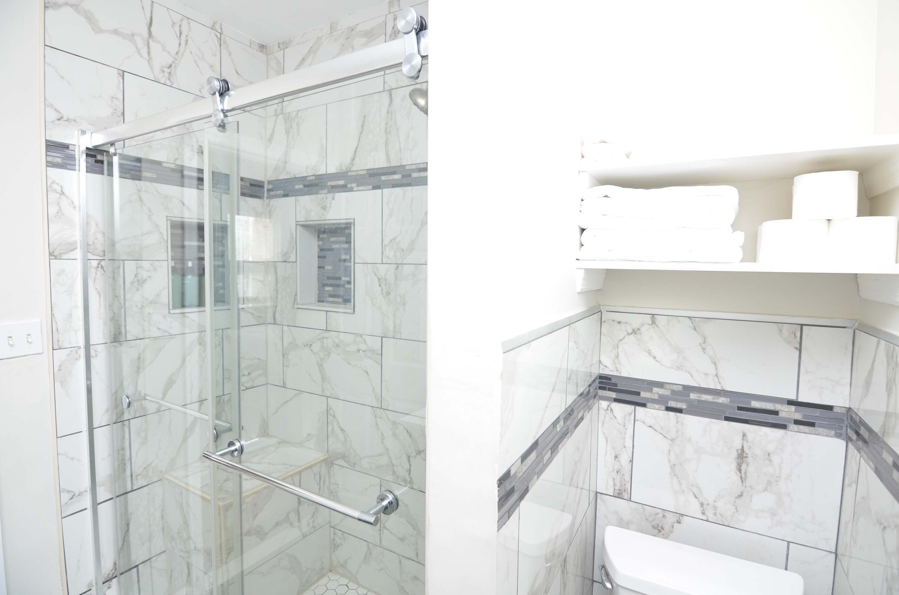 Combined shower/tub, hair dryer, towels, soap