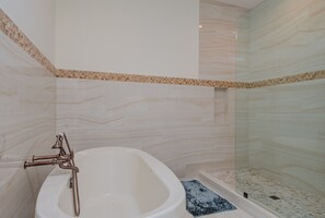 Combined shower/tub, hair dryer, bidet, towels