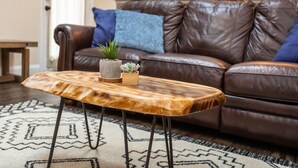 A brown leather sofa with blue cushions, a wooden coffee table with a plant, and a patterned rug.