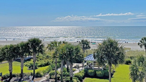 A beach view with palm trees, a gazebo, and a clear sky. - Stylish Oceanfront Condo - Huge Balcony - 3 Pools, Lazy River, and Hot Tub (Myrtle Beach)