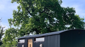 A compact, dark-colored metal structure with a wooden door and a small window, surrounded by a wooden fence and a bench. - Shepherds Hut with Scandinavian Hot Tub and hydromassager  (Sway)