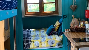 A cozy room with teal walls, a window with a view, a bed with patterned bedding, and a small kitchenette area. - Shepherds Hut with Scandinavian Hot Tub and hydromassager  (Sway)