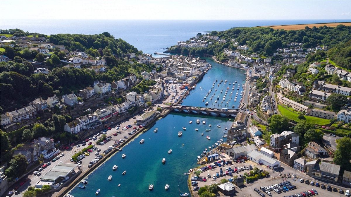 A coastal town with a marina, houses, and a road leading to the water.