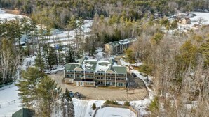Ein großes Chalet mit mehreren Etagen und einem markanten Dach, umgeben von verschneiter Landschaft und dichtem Wald.