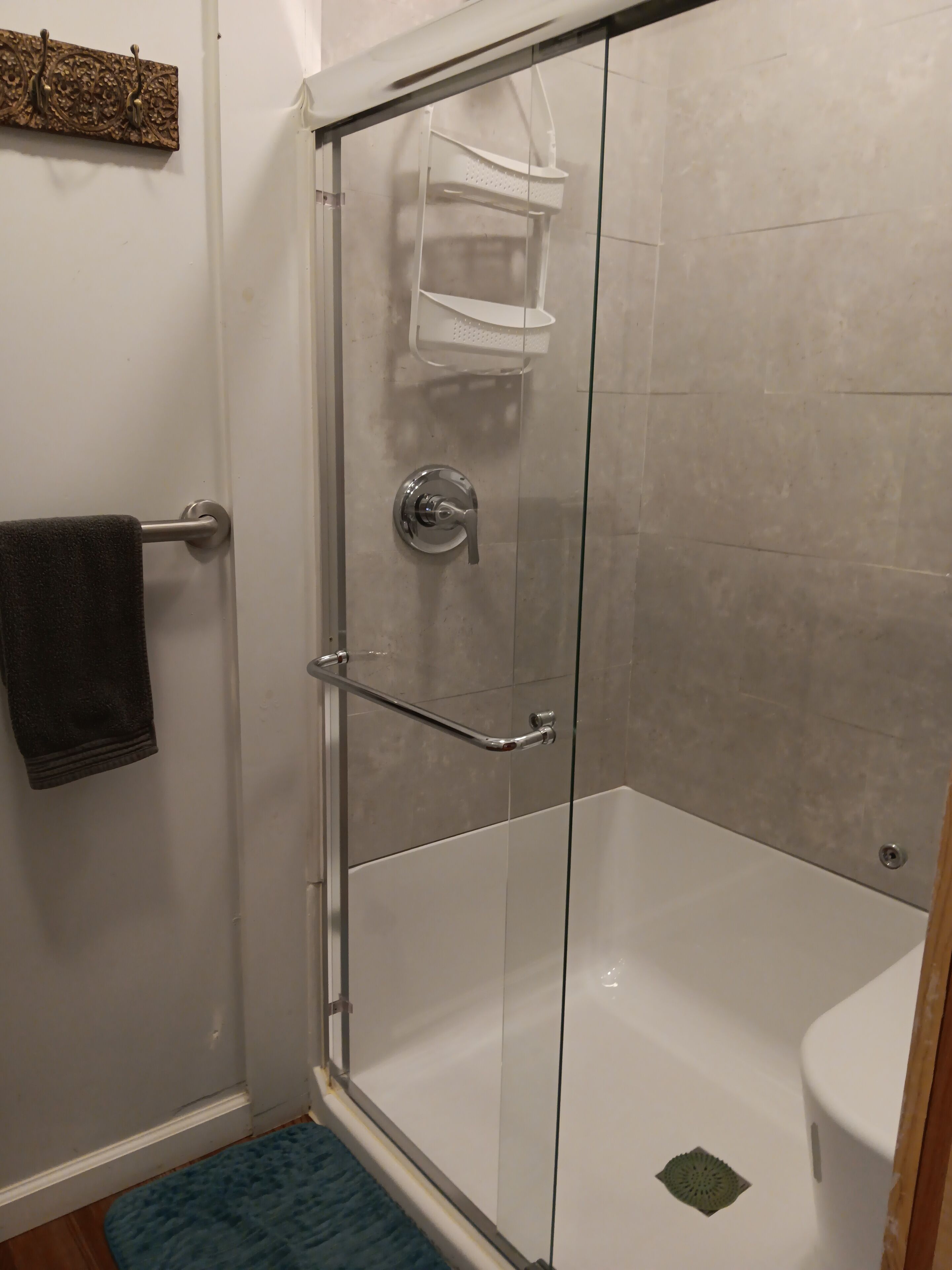 Eine Duschkabine aus Glas, eine weiße Toilette, ein Handtuchhalter und eine blaue Badmatte.