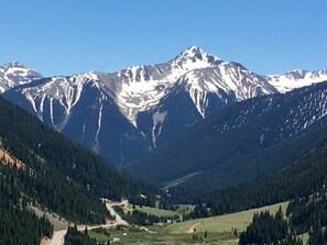 Paesaggio montuoso con strada tortuosa e fitta foresta.