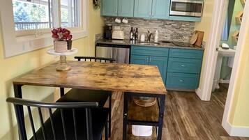 Fridge, microwave, coffee/tea maker, toaster