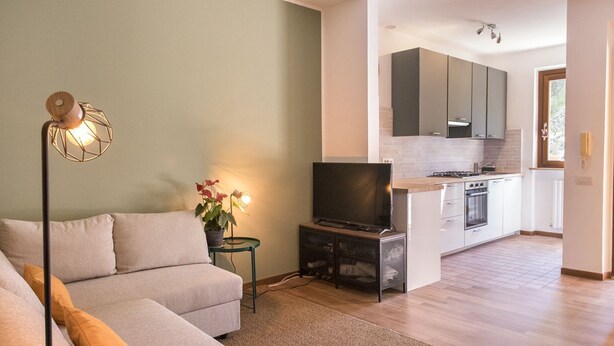 A modern living room with a sofa, a TV, and a small table with a plant. - S255 - Sirolo, new three-room apartment a stone's throw from the center (Sirolo)