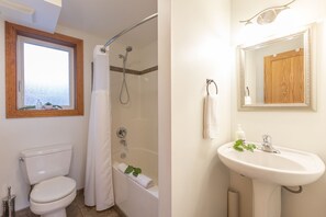 Combined shower/bathtub, eco-friendly toiletries, hair dryer, towels