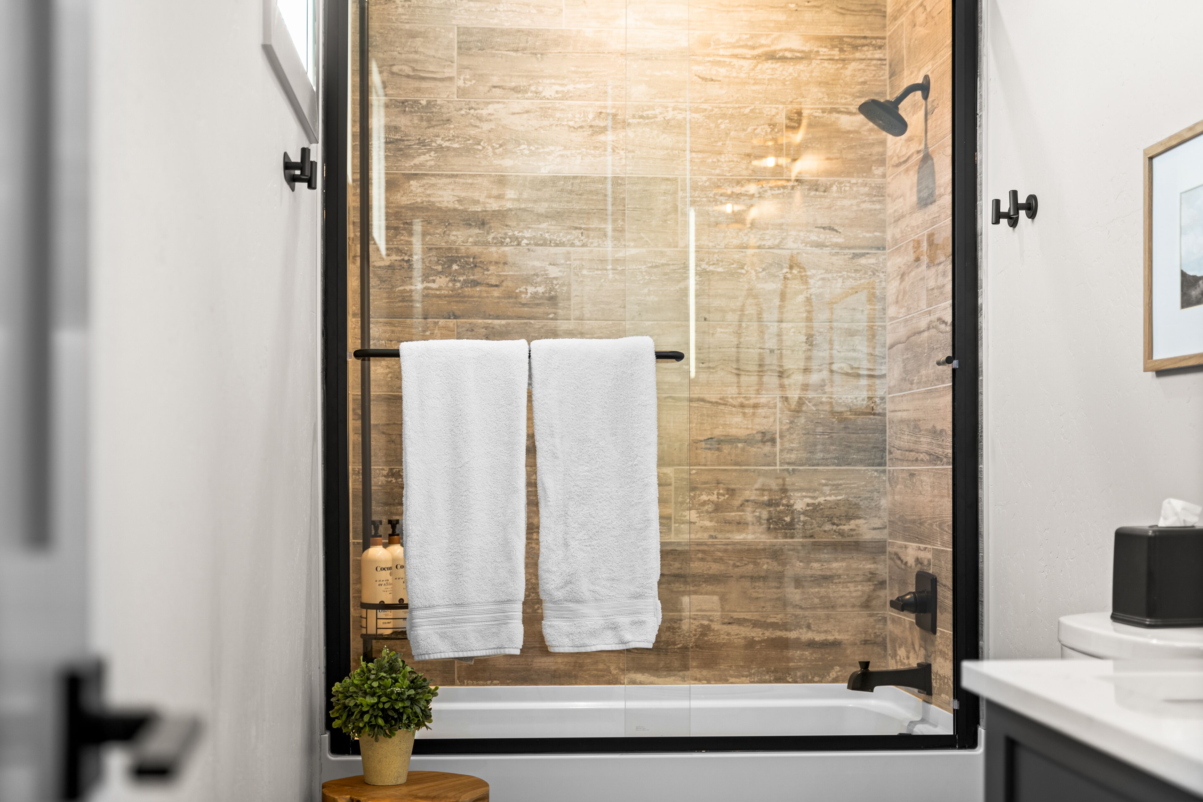 Combined shower/tub, hair dryer, towels, soap