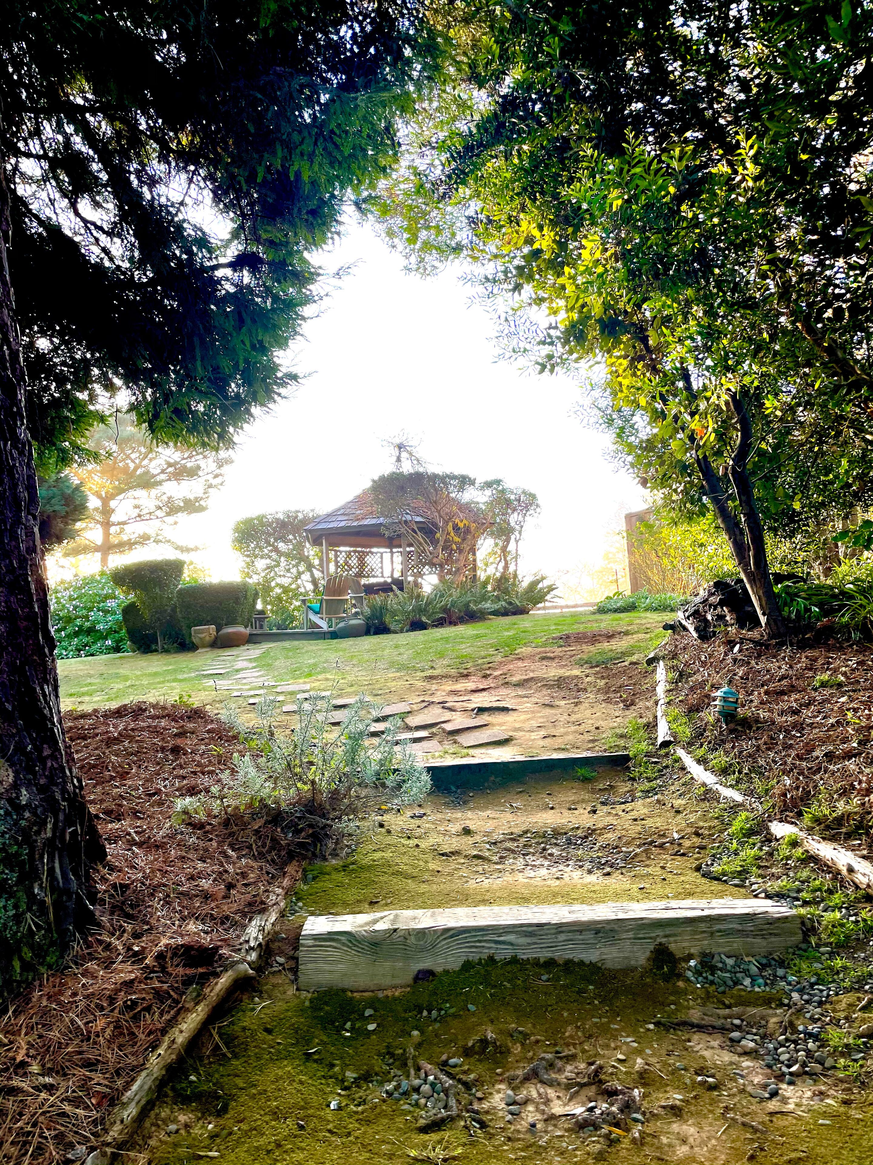 A garden with a wooden deck, a small pond, and a gazebo in the background.