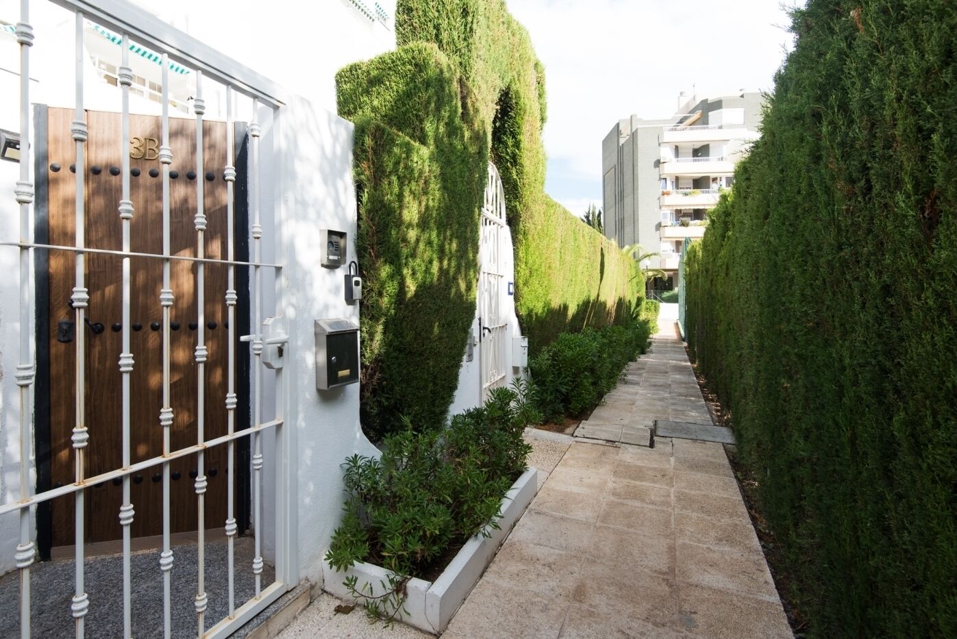 A narrow pathway flanked by neatly trimmed hedges and a gated entrance with a mailbox.