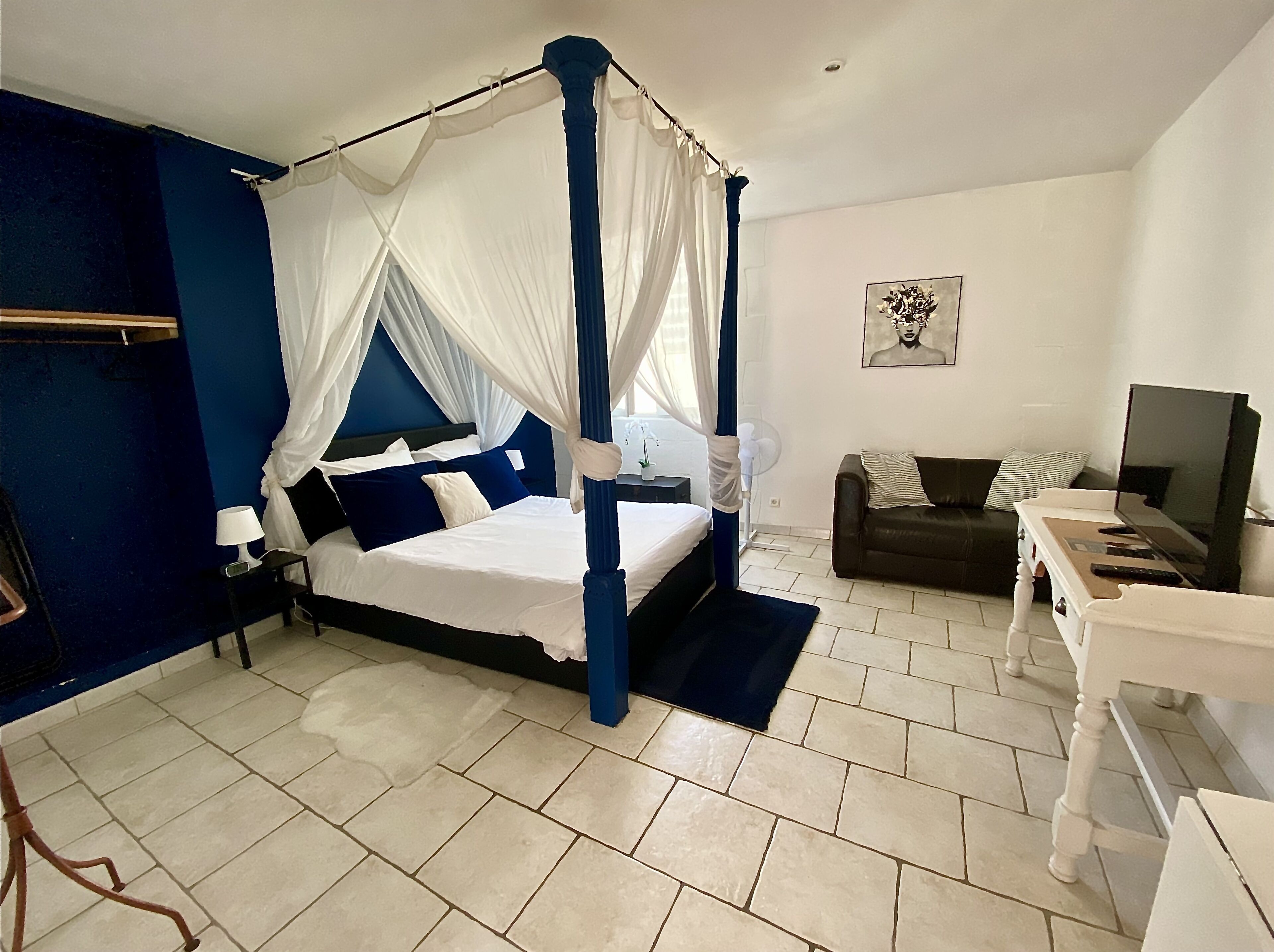 A bedroom with a four-poster bed, a bedside table, a lamp, a TV, and a couch.