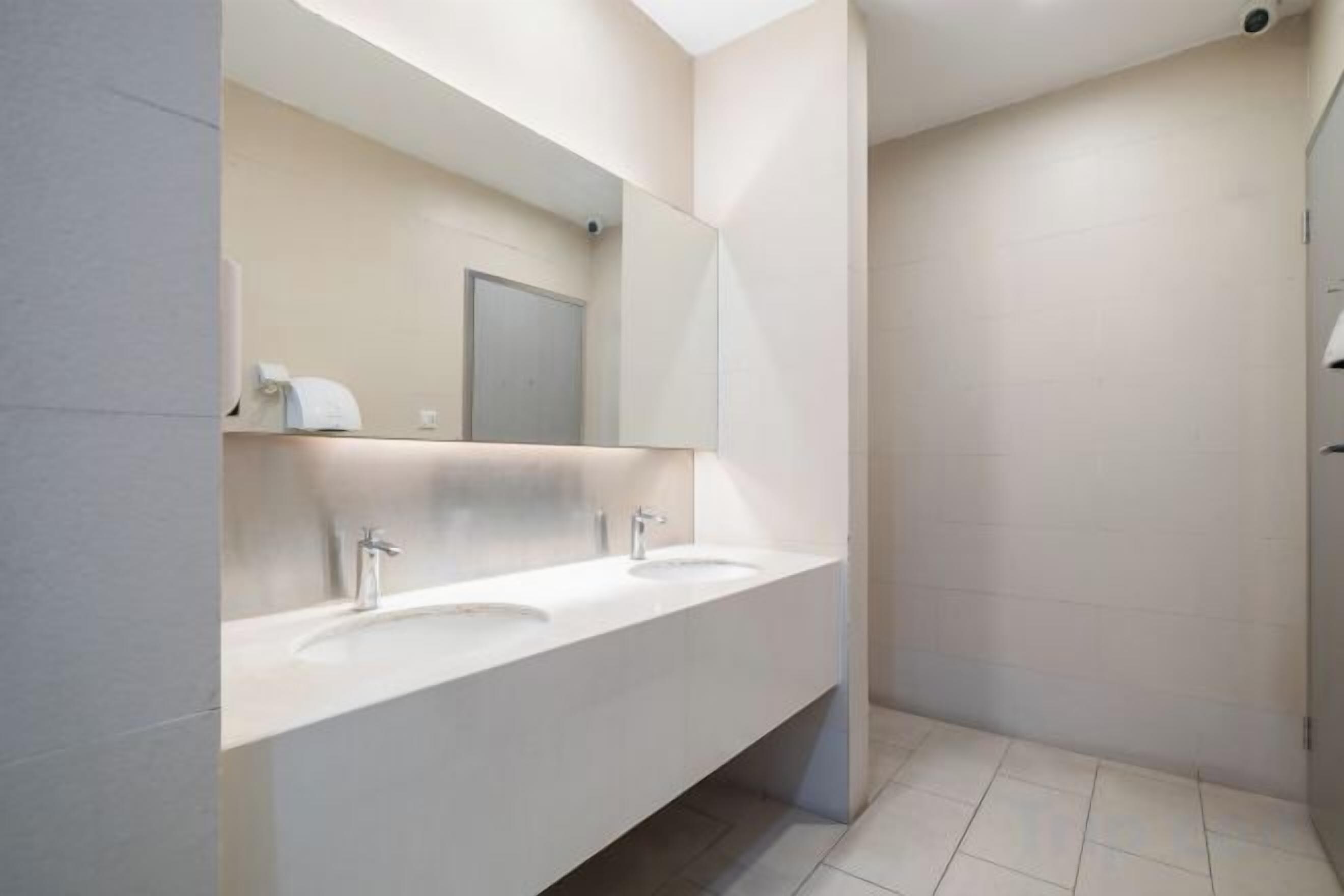 A modern bathroom with two sinks, a large mirror, and a shower area.