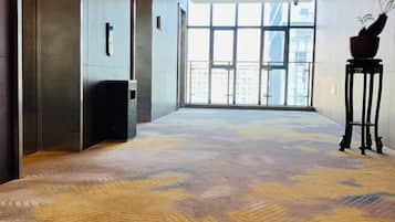 Un couloir moderne avec un tapis à motifs, une grande fenêtre et une plante en pot posée sur une table d’appoint.