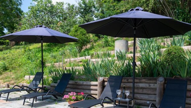 A poolside area with lounge chairs and umbrellas, surrounded by greenery and a wooden fence. - La Rocchetta 1915 by Interhome (Cortazzone)