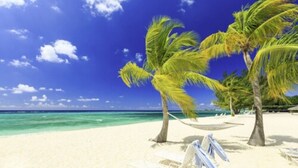 Una playa de arena blanca, palmeras y agua azul cristalina.