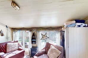 Télévision, cheminée, lecteur de DVD, livres