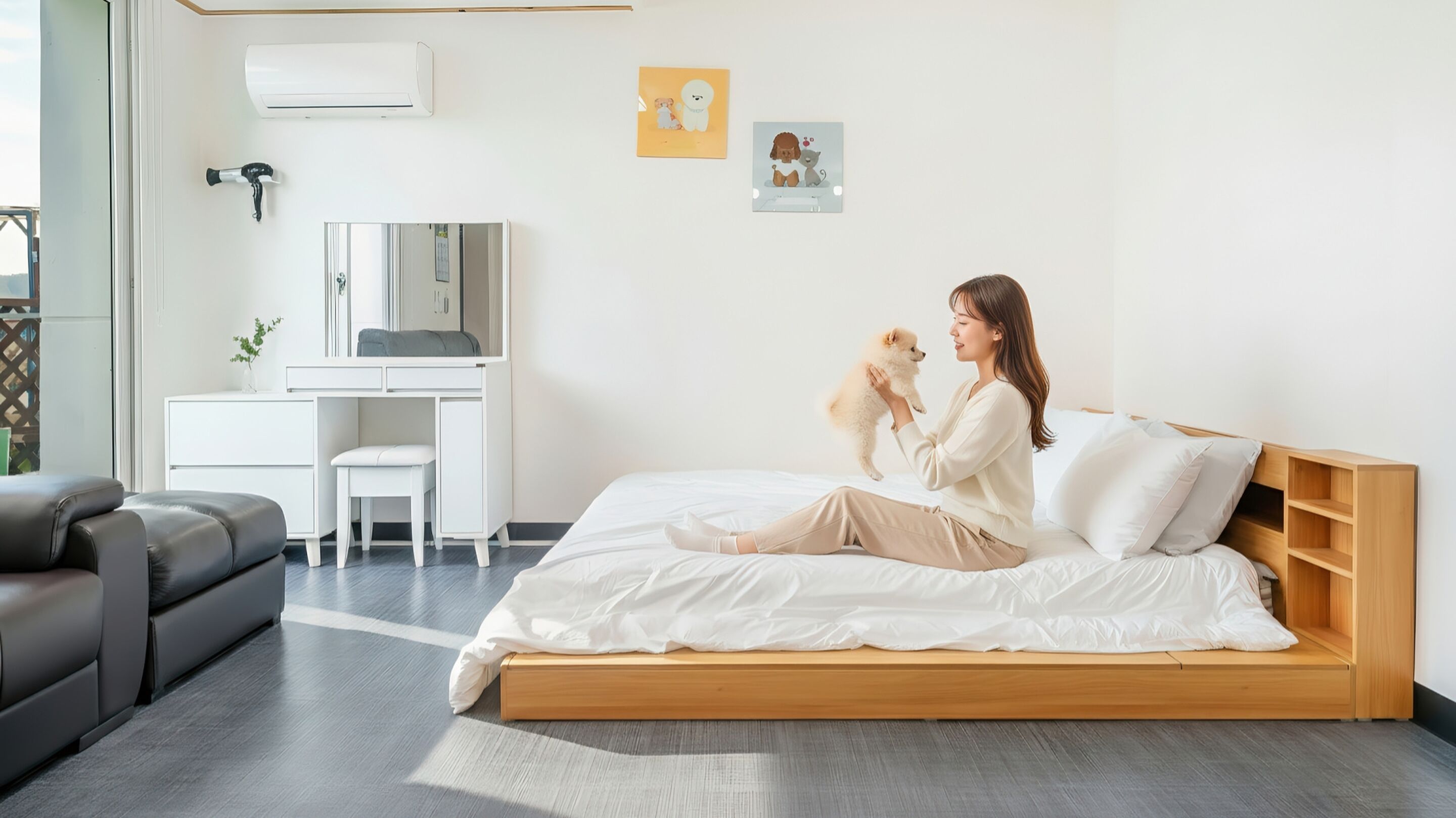 A modern bedroom with a wooden bed, a desk, and a chair.