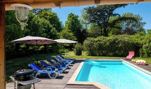 Un área junto a la piscina con sillones de descanso y sombrillas, rodeada de abundante vegetación.